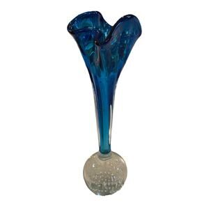 Vintage 11.5 Cobalt Blue Art Glass Bud Vase Clear Controlled Bubble Base Japan